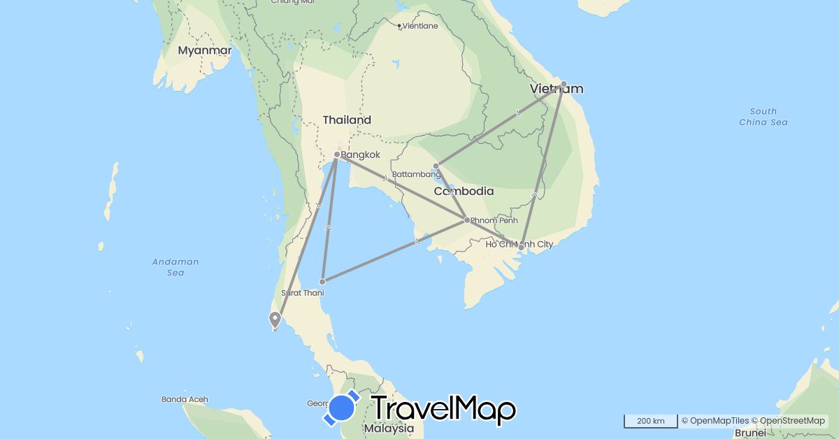 TravelMap itinerary: driving, plane in Cambodia, Thailand, Vietnam (Asia)